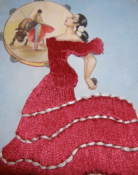 Postcard. Senorita in red dress, in front of bullfighting image on tambourine.