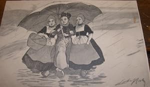 B&W Postcard. Three Ladies Sharing Umbrella.