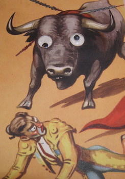 Postcard. Matador & Bull with googly eyes.