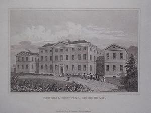 Original Antique Engraving Illustrating the General Hospital, Birmingham, in Warwickshire. Publis...