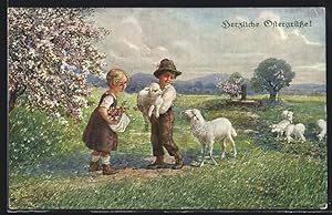 Ansichtskarte Fröhliche Ostern, Kinder spielen mit den Schafen auf der Weide