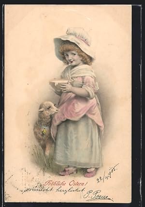 Ansichtskarte Ostern, Mädchen hält eine Schale, neben ihr steht ein Schaf