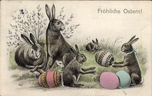 Ansichtskarte / Postkarte Glückwunsch Ostern, Osterhasenfamilie, Ostereier, Weidenkätzchen