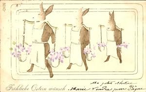 Präge Litho Glückwunsch Ostern, Hasen mit Rückentragen