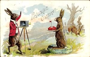 Litho Glückwunsch Ostern, Vermenschlichter Hase als Fotograf mit Fotoapparat