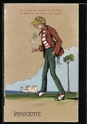Ansichtskarte Innocente, Elegant gekleideter Mann mit Zigarette, Scherz