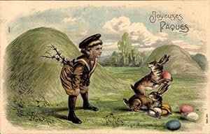 Präge Ansichtskarte / Postkarte Glückwunsch Ostern, Junge beobachtet Hasen, Ostereier, Weidenkätz...