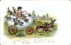 Ansichtskarte / Postkarte Glückwunsch Ostern, Hasen ziehen eine Eierkutsche, Weidenkätzchen, Veil...