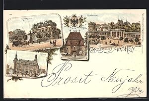 Lithographie Aachen, Kaiserplatz, Pont-Thor, Wappen, Elisenbrunnen