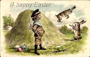 Präge Ansichtskarte / Postkarte Glückwunsch Ostern, Jase springt von einem Heuhaufen, Junge, Oste...