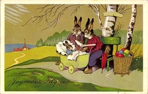 Ansichtskarte / Postkarte Glückwunsch Ostern, Vermenschlichte Hasen, Kinderwagen, Ostereier