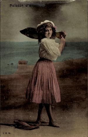 Ansichtskarte / Postkarte Glückwunsch 1. April, Mädchen, Fische, Fischfang