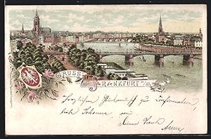 Lithographie Frankfurt a / M., Teilansicht mit Brücke und Wappen