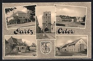 Ansichtskarte Gartz, HO-Gaststätte Stadtcafe, Friedensschule, Stettiner Tor, Wappen