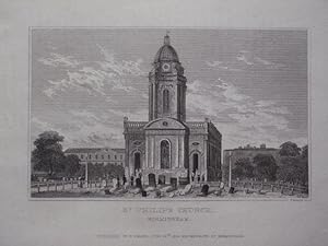 Original Antique Engraving Illustrating St. Philips Church, Birmingham, in Warwickshire. Publishe...