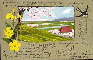 Ansichtskarte / Postkarte Glückwunsch Pfingsten, Schwalbe, Blumen, Wohnhaus, Blühender Baum