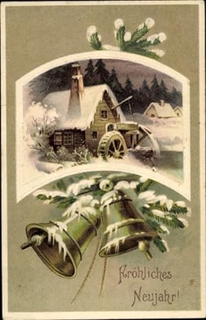 Präge Ansichtskarte / Postkarte Glückwunsch Neujahr, Verschneite Wassermühle, Glocken, Tannenzweig