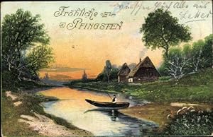 Ansichtskarte / Postkarte Glückwunsch Pfingsten, Mann im Ruderboot, Angler, Fluss, Wohnhäuser