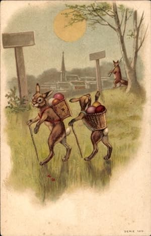 Ansichtskarte / Postkarte Glückwunsch Ostern, Vermenschlichte Hasen mit Rückentragen, Eier, Monds...