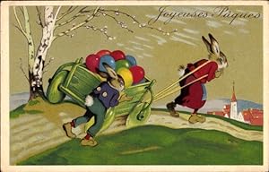 Ansichtskarte / Postkarte Glückwunsch Ostern, Vermenschlichte Hasen ziehen einen Karren mit Oster...