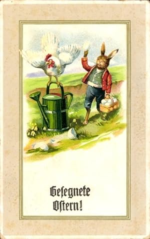 Passepartout Ansichtskarte / Postkarte Glückwunsch Ostern, Vermenschlichter Hase, Huhn, Gießkanne...