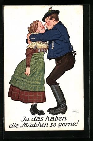 Künstler-Ansichtskarte P.O.Engelhard (P.O.E.): Ja das haben die Mädchen so gerne!, ein Paar in Tr...