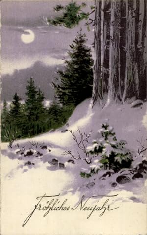 Mondschein Ansichtskarte / Postkarte Glückwunsch Neujahr, Wald, Tannenbäume, Schnee