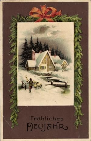 Präge Ansichtskarte / Postkarte Glückwunsch Neujahr, Wohnhaus, Tannenzweige, Schleife