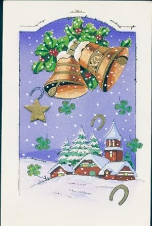 Ansichtskarte / Postkarte Winter, Glocken, Stern, Hufeisen, Glücksklee