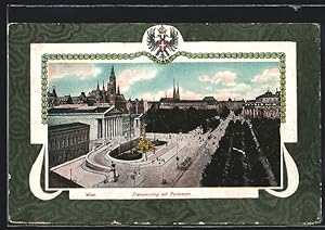 Passepartout-Ansichtskarte Wien, Franzensring mit Parlament aus der Vogelschau, Wappen, Ornamente