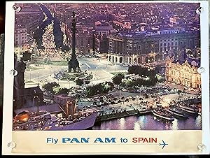 Large Vintage FLY PAN AM TO SPAIN 1965 Airline Travel POSTER Barcelona KRAININ