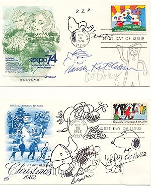 Snoopy Original Sketches Signed on Four First Day Covers with other Cartoons and Cartoonists