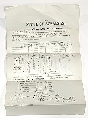 Cross County, Arkansas 1875 Clerk’s Certificate of Sale of Delinquent Tax Lands to L.N. Rhodes in...