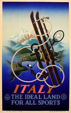 Original Vintage Poster Italy ENIT Cassandre Art Deco Ski Tennis Golf