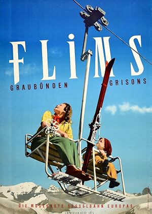 Original Vintage Poster Flims Graubunden Grisons Ski Switzerland