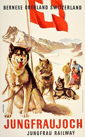 Original Vintage Poster Jungfraujoch Jungfrau Railway Switzerland Huskies
