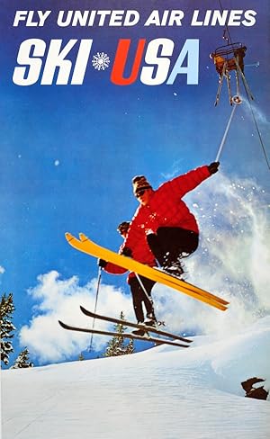 Original Vintage Poster Fly United Air Lines Ski USA