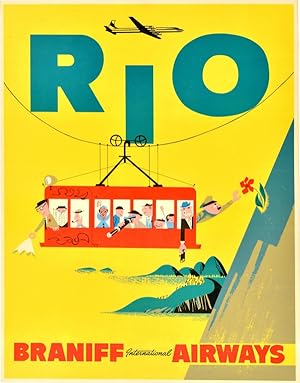 Original Vintage Poster Rio Braniff Airways Sugarloaf Mountain Cable Car