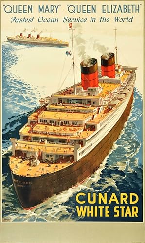 Original Vintage Poster Cunard White Star Queen Mary Elizabeth Fastest Ocean Service