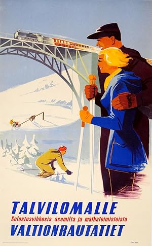 Original Vintage Poster Talvilomalle Winter Holidays Finland