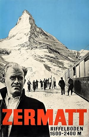 Original Vintage Poster Zermatt Matterhorn Riffelboden Skiers