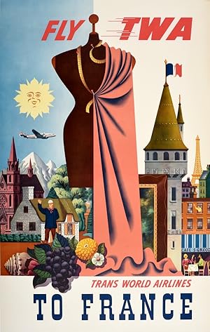 Original Vintage Poster Fly TWA France Trans World Airlines