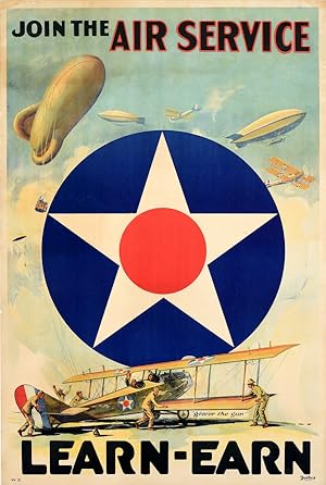 Original Vintage Poster Join The Air Service Learn Earn WWI US Army Air Corps