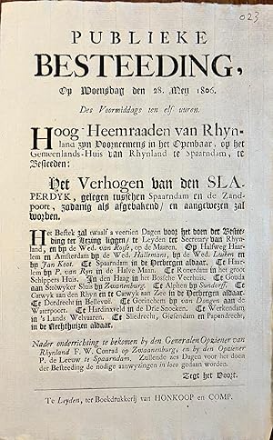 Publication Spaarndam 1806 | Publieke besteeding op woensdag den 28 mey 1806: verhogen van den Sl...