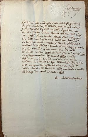 Manuscript letter legal 1693 | Manuscript dated 1693 about the sale in Dordrecht to Johan Becius ...