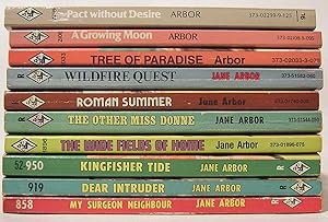 Lot of 10 Jane Arbor Harlequin Romance novels with red edges.