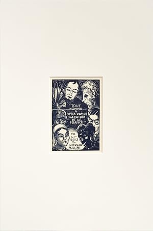 1947 Italian Engraving bookplate (Ex Libris), Tout homme a deux pays, sa patrie et la France (Mat...