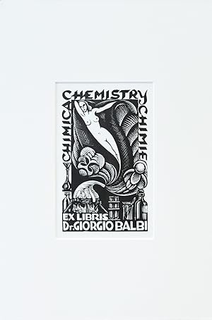 1945 Italian Engraving bookplate (Ex Libris), Chimica, Chemistry, Chimie (Matted)
