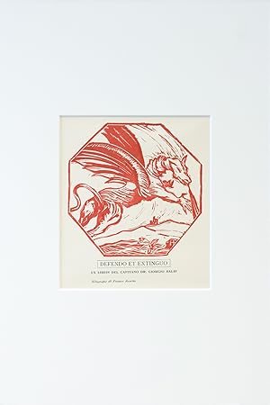 1960s Italian Engraving bookplate (Ex Libris), Defendo et Extinguo (Matted)