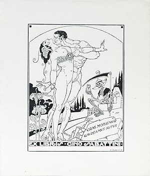 1920 Italian Engraving bookplate (Ex Libris), Cras Moriemur Gaudeamus Igitur